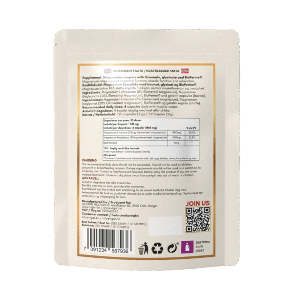 Magnesium L-treonat & Glysinat + BioPerine® - Bilde 2