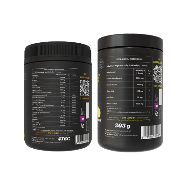 Baksiden av Pump Armour PWO og Kreatin Bundle komplett treningspakke med ingredienser